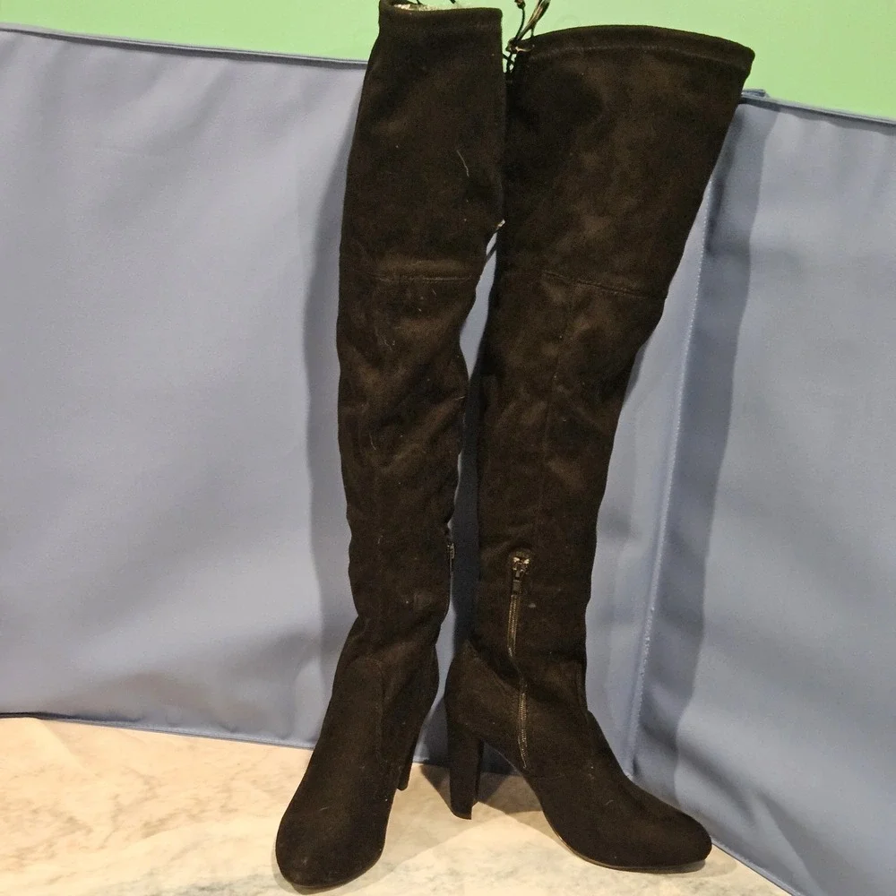 Women's Size 8 Black Over The Knee Boots Block Heel Back Tie Zip Faux Suede